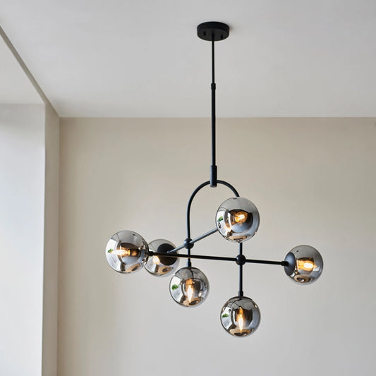 LUXIA 6-SPHERE CEILING PENDENT - MATT BLACK / SMOKED GREY